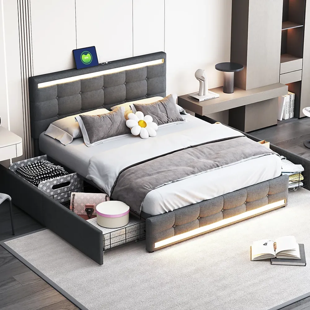 ProximaX Lit double 140x200 cm gris tissu avec LED, 4 tiroirs, 2 ports USB, cadre avec tête et pied LED, Lit plateforme avec rangement* Lit Coffre