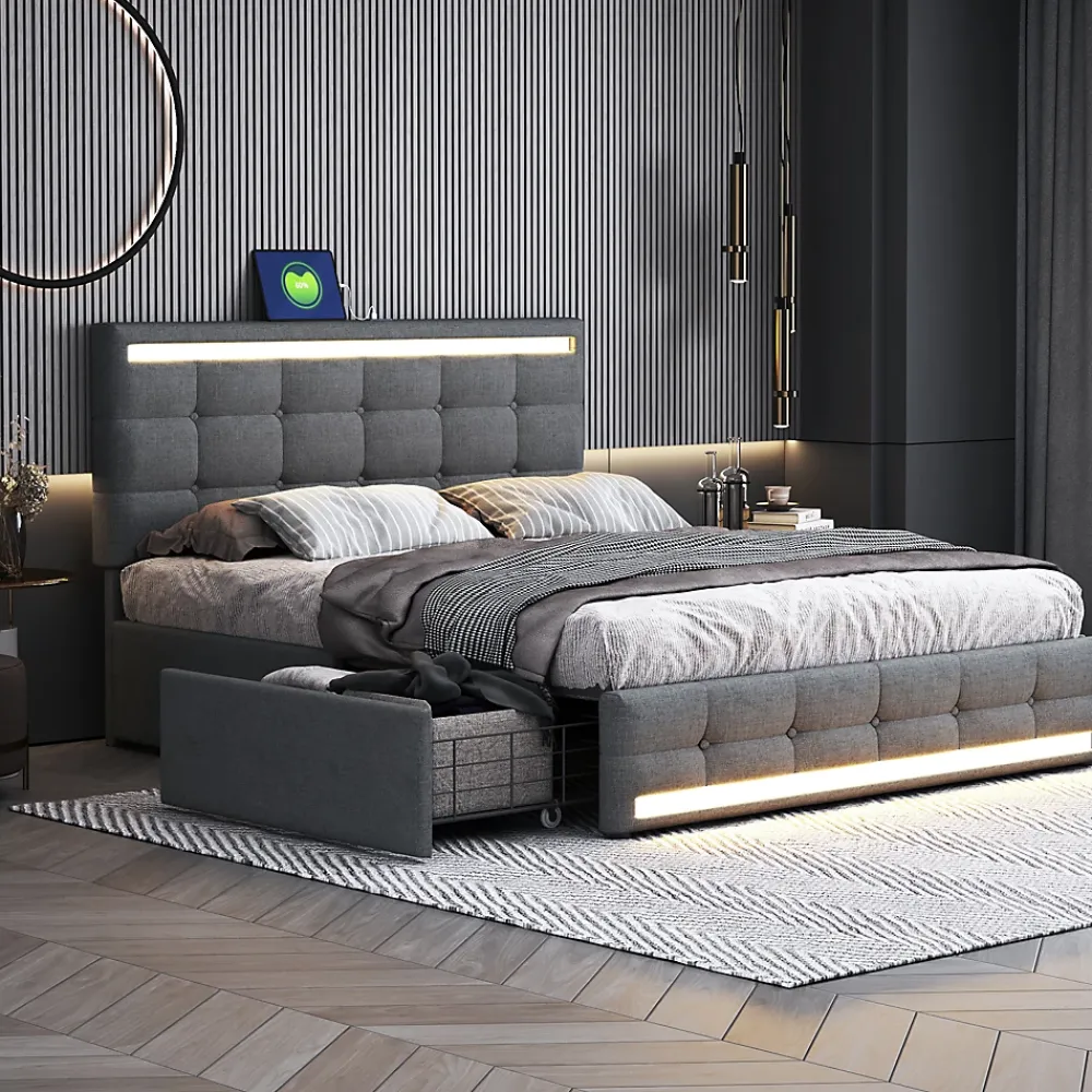 ProximaX Lit double 140x200 cm gris tissu avec LED, 4 tiroirs, 2 ports USB, cadre avec tête et pied LED, Lit plateforme avec rangement* Lit Coffre