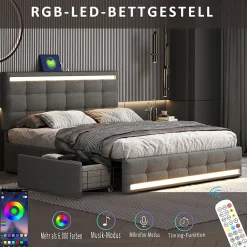 ProximaX Lit double 140x200 cm gris tissu avec LED, 4 tiroirs, 2 ports USB, cadre avec tête et pied LED, Lit plateforme avec rangement* Lit Coffre