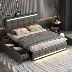 Lit double 140x200 cm, LED, 4 tiroirs, tête de lit avec USB, tissu lin gris>Simple Life Outlet