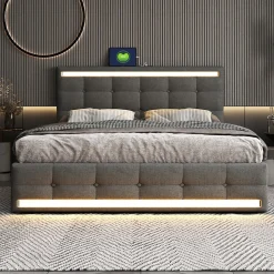 Lit double 140x200 cm, LED, 4 tiroirs, tête de lit avec USB, tissu lin gris><noscript><img width=