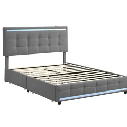 Lit double 140x200 cm, LED, 4 tiroirs, tête de lit avec USB, tissu lin gris><noscript><img width=