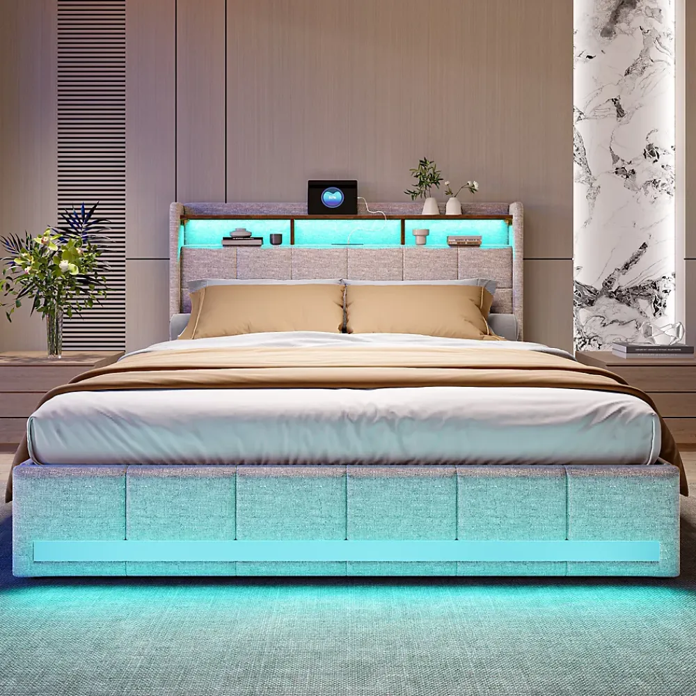 ProximaX Lit double 160x200 cm lin beige avec LED, 4 tiroirs métal, rangement tête de lit et ports USB/Type-C - Moderne et fonctionnel* Lit Coffre