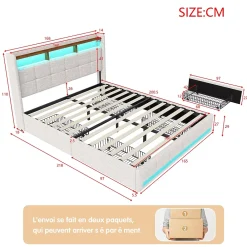ProximaX Lit double 160x200 cm lin beige avec LED, 4 tiroirs métal, rangement tête de lit et ports USB/Type-C - Moderne et fonctionnel* Lit Coffre