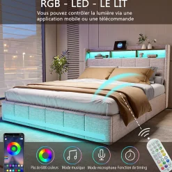 ProximaX Lit double 160x200 cm lin beige avec LED, 4 tiroirs métal, rangement tête de lit et ports USB/Type-C - Moderne et fonctionnel* Lit Coffre