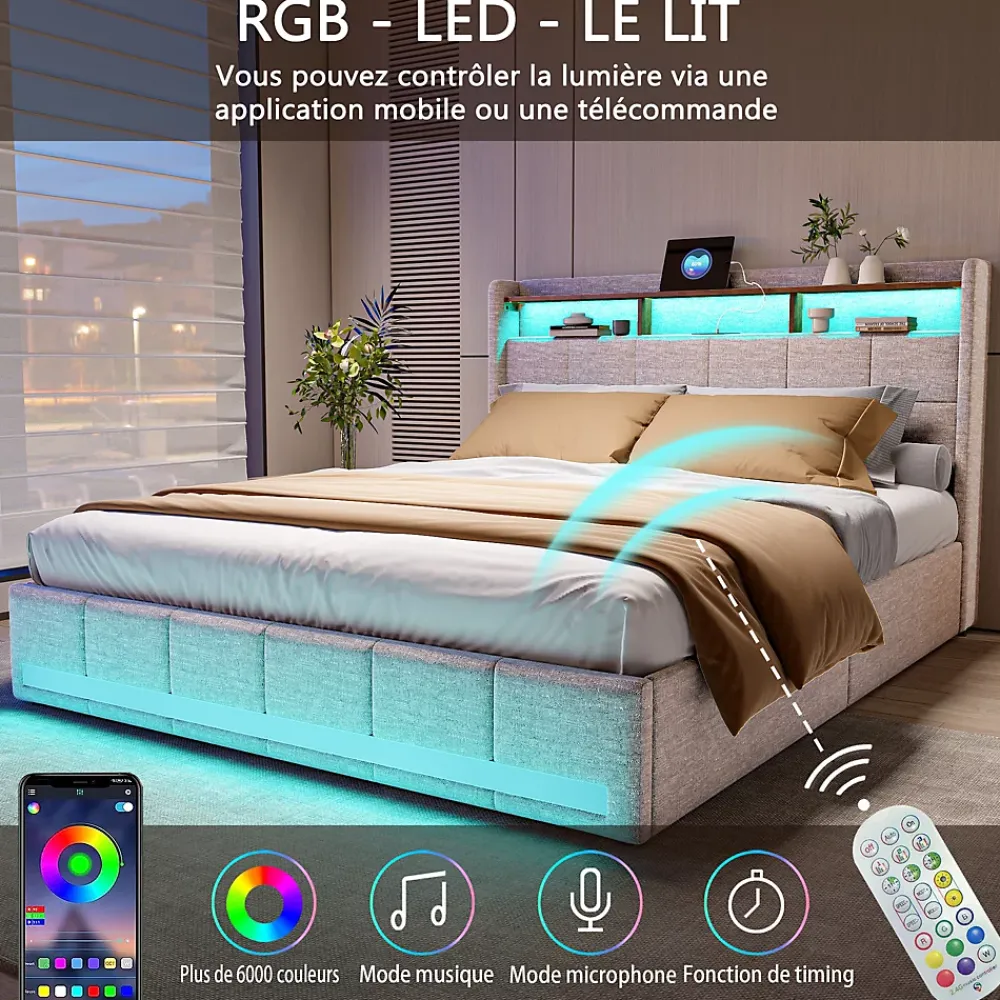 ProximaX Lit double 160x200 cm lin beige avec LED, 4 tiroirs métal, rangement tête de lit et ports USB/Type-C - Moderne et fonctionnel* Lit Coffre