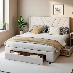 Lit double 160x200 cm lin beige avec 3 tiroirs, cadre rembourré, Tissu doux, confortable et facile à entretenir>ProximaX