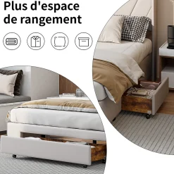 Lit double 160x200 cm lin beige avec 3 tiroirs, cadre rembourré, Tissu doux, confortable et facile à entretenir><noscript><img width=
