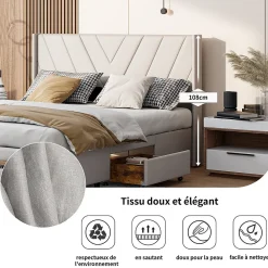 Lit double 160x200 cm lin beige avec 3 tiroirs, cadre rembourré, Tissu doux, confortable et facile à entretenir><noscript><img width=