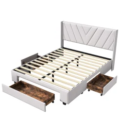 Lit double 160x200 cm lin beige avec 3 tiroirs, cadre rembourré, Tissu doux, confortable et facile à entretenir><noscript><img width=
