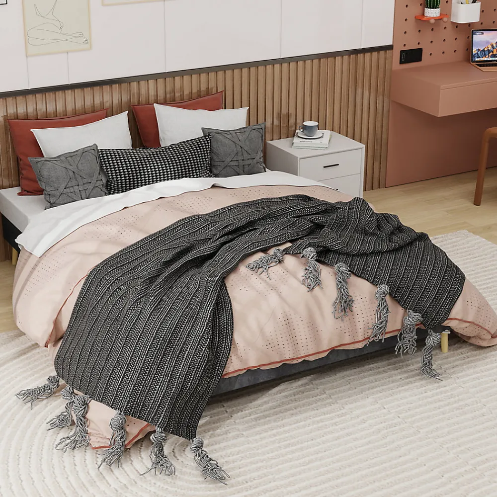 Lit Double 160x200 cm, Lit Adulte et Ado avec Cadre Bas Minimaliste, Design Stable en Velours Hollandais Gris, Sans Matelas>Okwish Hot