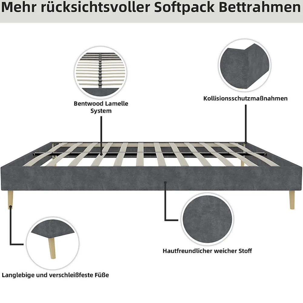 Lit Double 160x200 cm, Lit Adulte et Ado avec Cadre Bas Minimaliste, Design Stable en Velours Hollandais Gris, Sans Matelas>Okwish Hot