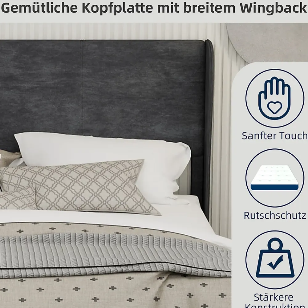 Okwish Lit Double 160x200 cm, Lit Adulte avec Tête de Lit Douce et Cadre Bas, Velours et Métal, Gris, sans Matelas* Lit Double