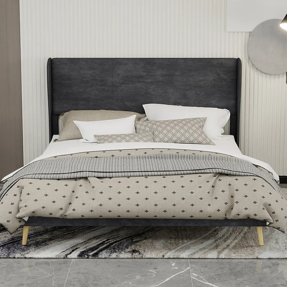 Okwish Lit Double 160x200 cm, Lit Adulte avec Tête de Lit Douce et Cadre Bas, Velours et Métal, Gris, sans Matelas* Lit Double