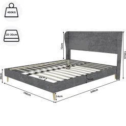 Okwish Lit Double 160x200 cm, Lit Adulte avec Tête de Lit Douce et Cadre Bas, Velours et Métal, Gris, sans Matelas* Lit Double