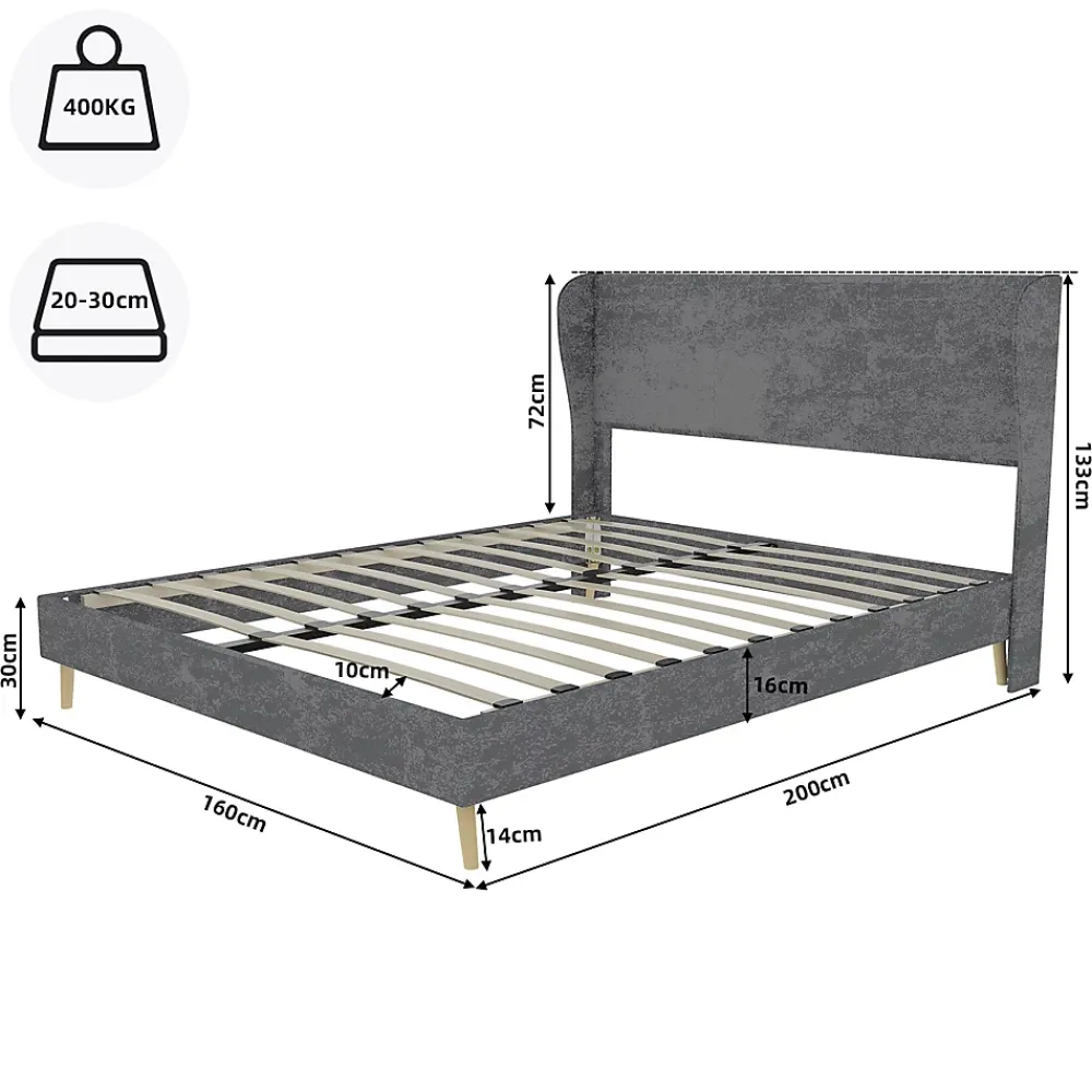 Okwish Lit Double 160x200 cm, Lit Adulte avec Tête de Lit Douce et Cadre Bas, Velours et Métal, Gris, sans Matelas* Lit Double