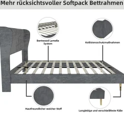 Okwish Lit Double 160x200 cm, Lit Adulte avec Tête de Lit Douce et Cadre Bas, Velours et Métal, Gris, sans Matelas* Lit Double