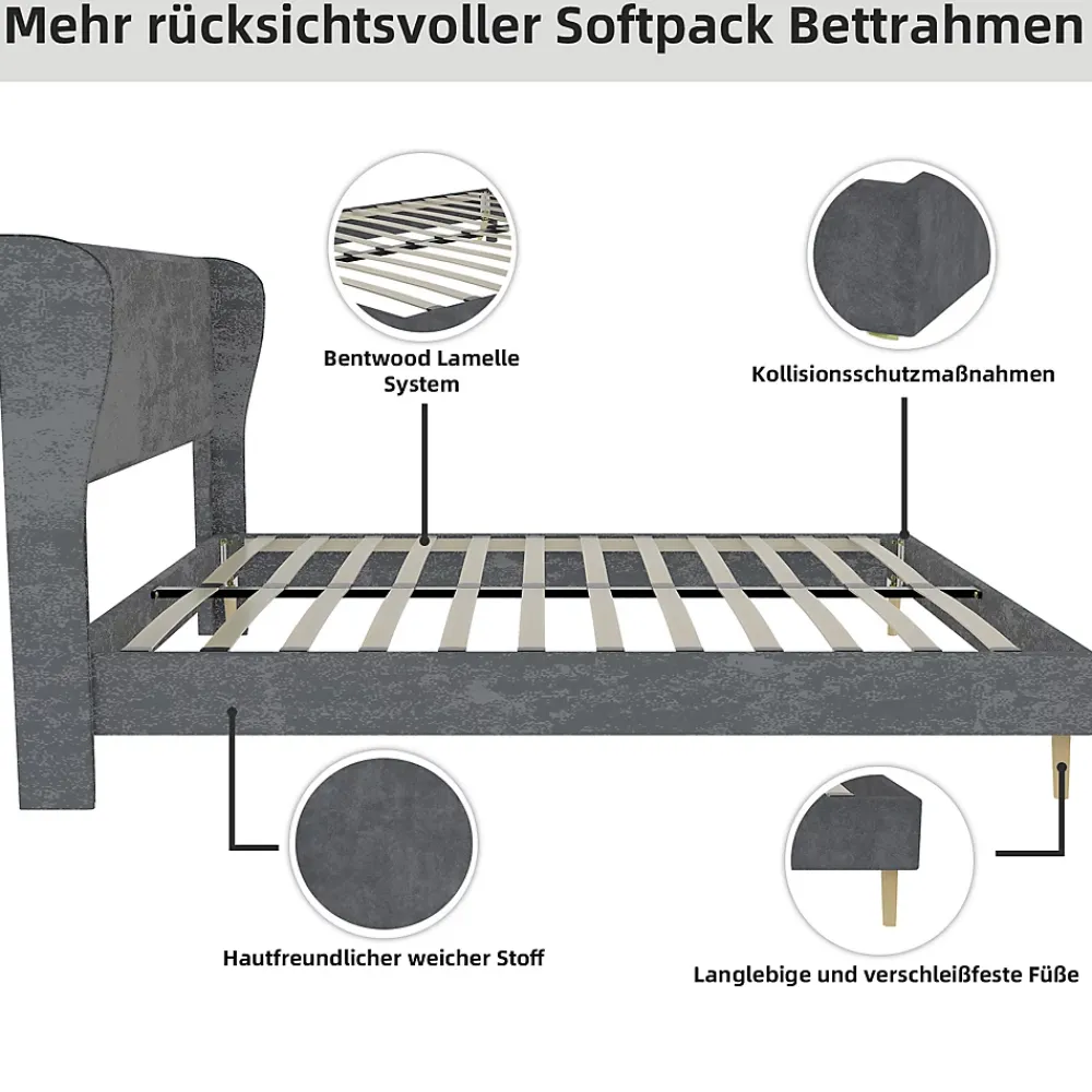 Okwish Lit Double 160x200 cm, Lit Adulte avec Tête de Lit Douce et Cadre Bas, Velours et Métal, Gris, sans Matelas* Lit Double