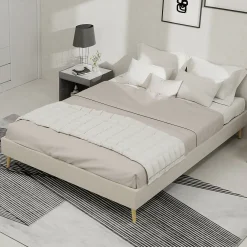 Lit Double 140x200 cm, Lit Adulte et Ado avec Cadre Bas Minimaliste, Design Stable en Velours Néerlandais Beige, Sans Matelas>Okwish Sale