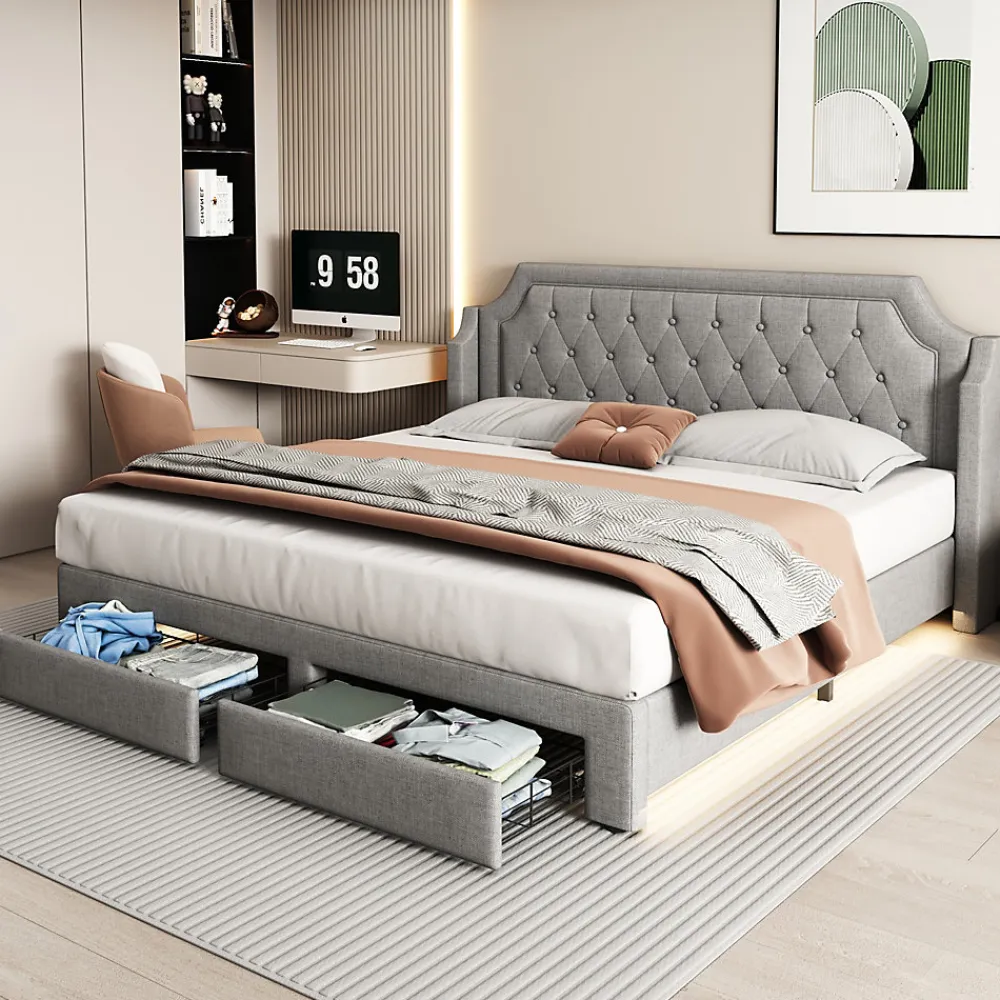 Lit Double 180x200 cm, Lit Capitonné avec LED et 2 Tiroirs, Structure en Tissu Lin et Métal, Gris - Sans Matelas>Okwish