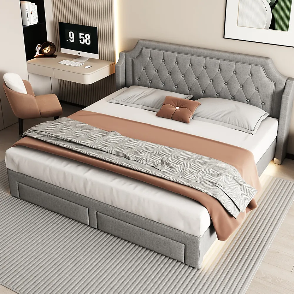 Lit Double 180x200 cm, Lit Capitonné avec LED et 2 Tiroirs, Structure en Tissu Lin et Métal, Gris - Sans Matelas>Okwish