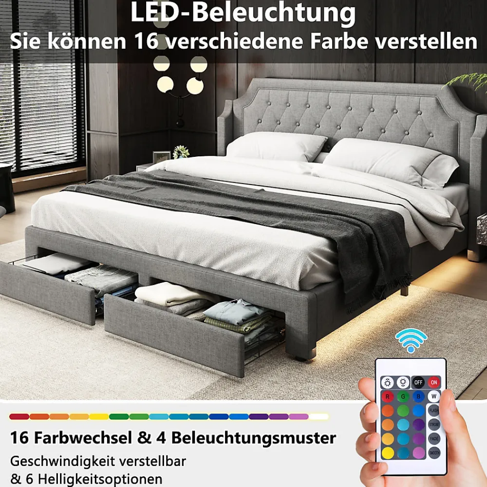 Lit Double 180x200 cm, Lit Capitonné avec LED et 2 Tiroirs, Structure en Tissu Lin et Métal, Gris - Sans Matelas>Okwish