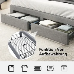 Lit Double 180x200 cm, Lit Capitonné avec LED et 2 Tiroirs, Structure en Tissu Lin et Métal, Gris - Sans Matelas><noscript><img width=