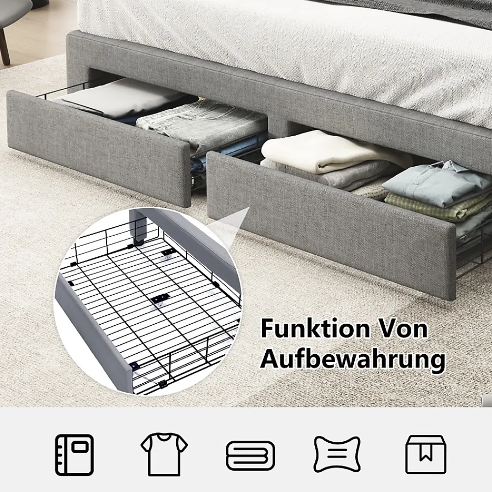 Lit Double 180x200 cm, Lit Capitonné avec LED et 2 Tiroirs, Structure en Tissu Lin et Métal, Gris - Sans Matelas>Okwish