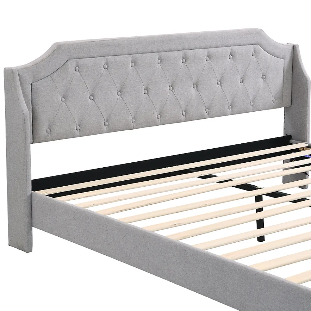 Lit Double 180x200 cm, Lit Capitonné avec LED et 2 Tiroirs, Structure en Tissu Lin et Métal, Gris - Sans Matelas>Okwish