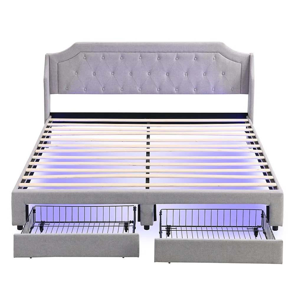 Lit Double 180x200 cm, Lit Capitonné avec LED et 2 Tiroirs, Structure en Tissu Lin et Métal, Gris - Sans Matelas>Okwish
