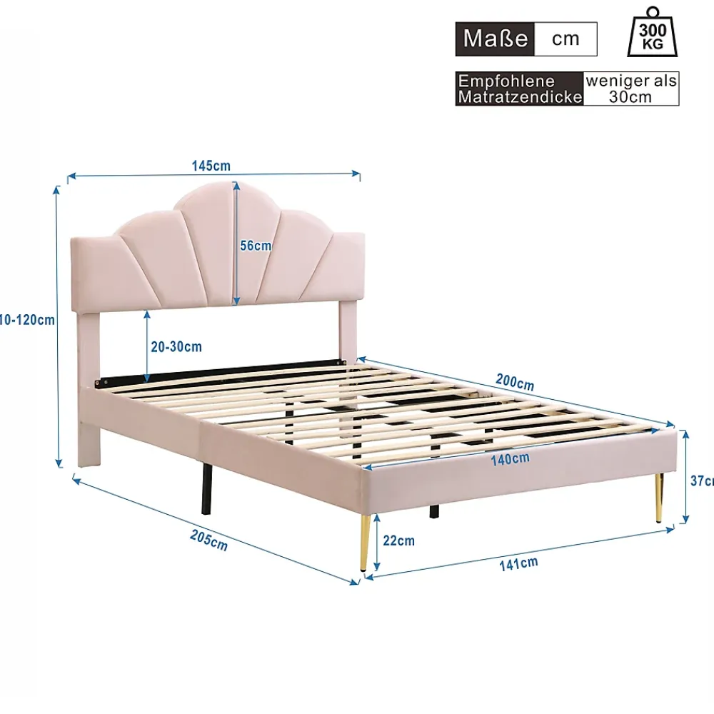 Okwish Lit double 140x200 cm, Lit capitonné en velours avec tête de lit coquillage et pieds dorés - Sans Matelas, Rose* Lit Double