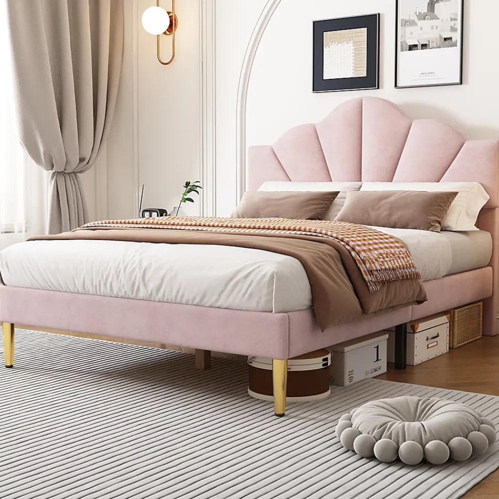 Okwish Lit double 140x200 cm, Lit capitonné en velours avec tête de lit coquillage et pieds dorés - Sans Matelas, Rose* Lit Double