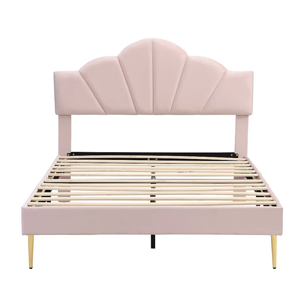 Okwish Lit double 140x200 cm, Lit capitonné en velours avec tête de lit coquillage et pieds dorés - Sans Matelas, Rose* Lit Double