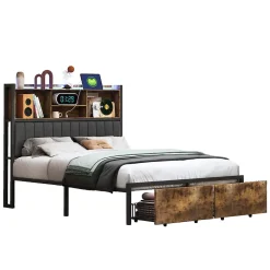 Fortuna lai Lit Double 160x200 Cm, Lit Capitonné Avec LED Et Prises USB, Pu Tête De Lit Avec Rangement, Noir* Lit Coffre