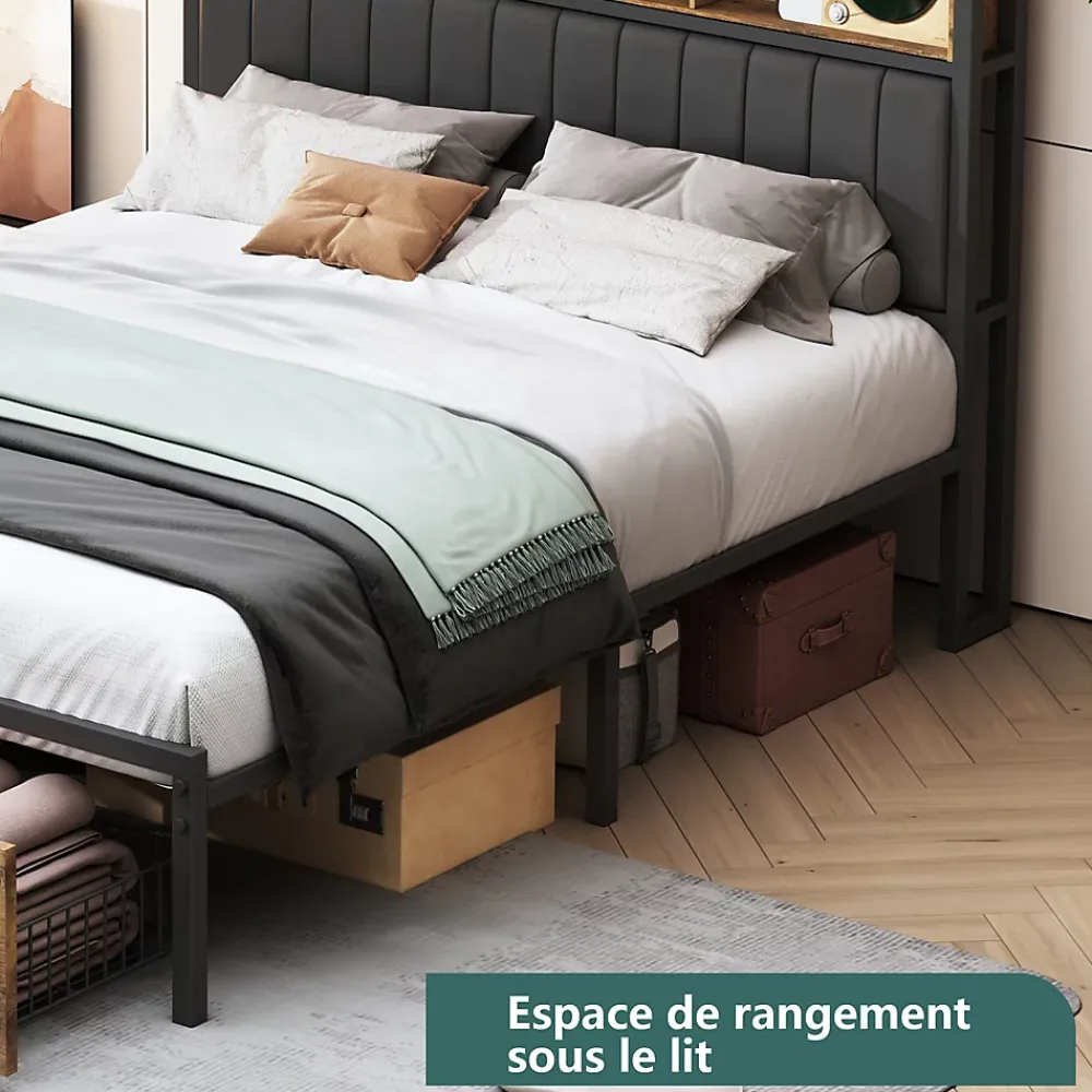 Fortuna lai Lit Double 160x200 Cm, Lit Capitonné Avec LED Et Prises USB, Pu Tête De Lit Avec Rangement, Noir* Lit Coffre