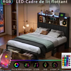 Fortuna lai Lit Double 160x200 Cm, Lit Capitonné Avec LED Et Prises USB, Pu Tête De Lit Avec Rangement, Noir* Lit Coffre