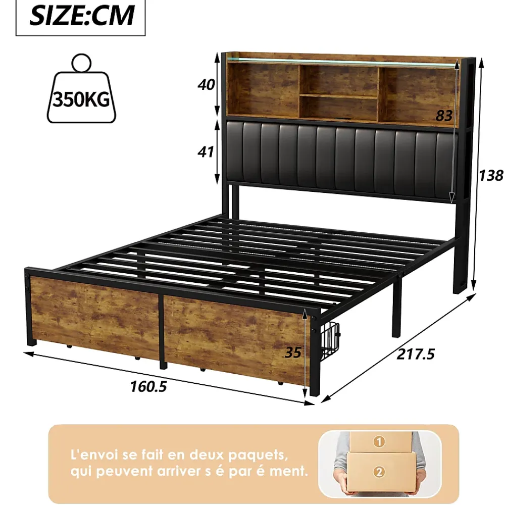 Fortuna lai Lit Double 160x200 Cm, Lit Capitonné Avec LED Et Prises USB, Pu Tête De Lit Avec Rangement, Noir* Lit Coffre