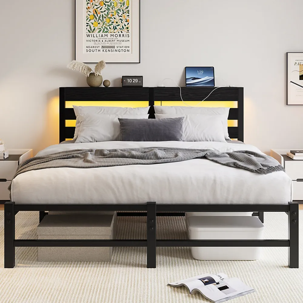 Lit Double 140x190 cm, Lit Métal Ado avec Éclairage LED et Prises USB, Rangement Sous le Lit, Sans Matelas, Métal et Bois, Noir>Okwish
