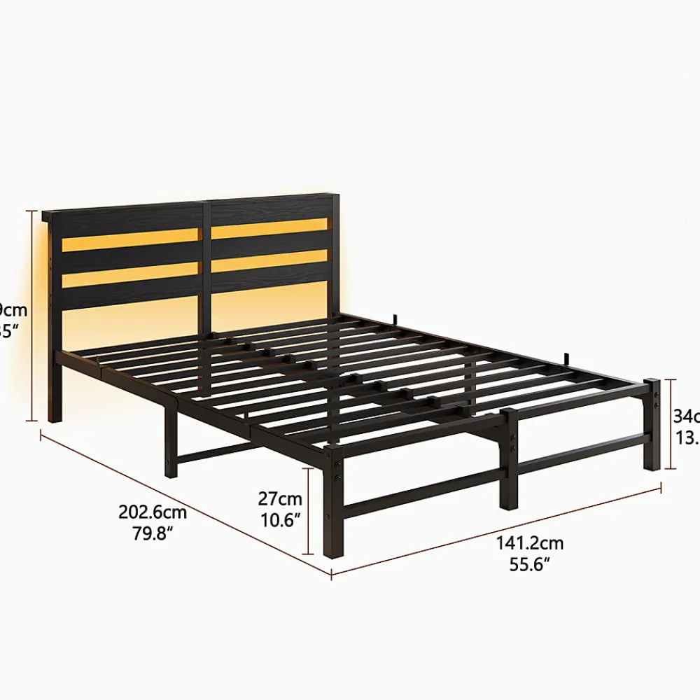 Lit Double 140x190 cm, Lit Métal Ado avec Éclairage LED et Prises USB, Rangement Sous le Lit, Sans Matelas, Métal et Bois, Noir>Okwish