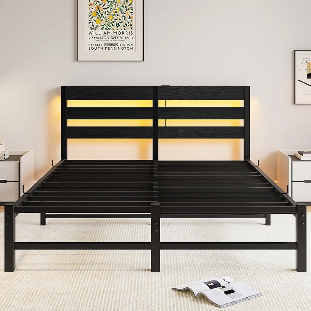 Lit Double 140x190 cm, Lit Métal Ado avec Éclairage LED et Prises USB, Rangement Sous le Lit, Sans Matelas, Métal et Bois, Noir>Okwish