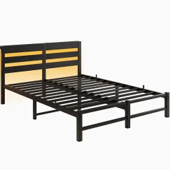 Lit Double 140x190 cm, Lit Métal Ado avec Éclairage LED et Prises USB, Rangement Sous le Lit, Sans Matelas, Métal et Bois, Noir><noscript><img width=