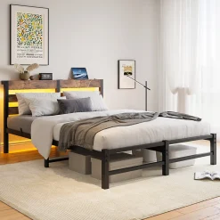Lit Double 140x200 cm, Lit Métal Ado avec Éclairage LED et Prises USB, Rangement dessous, Sans Matelas, Métal et Bois, Noir, Brun>Okwish Hot