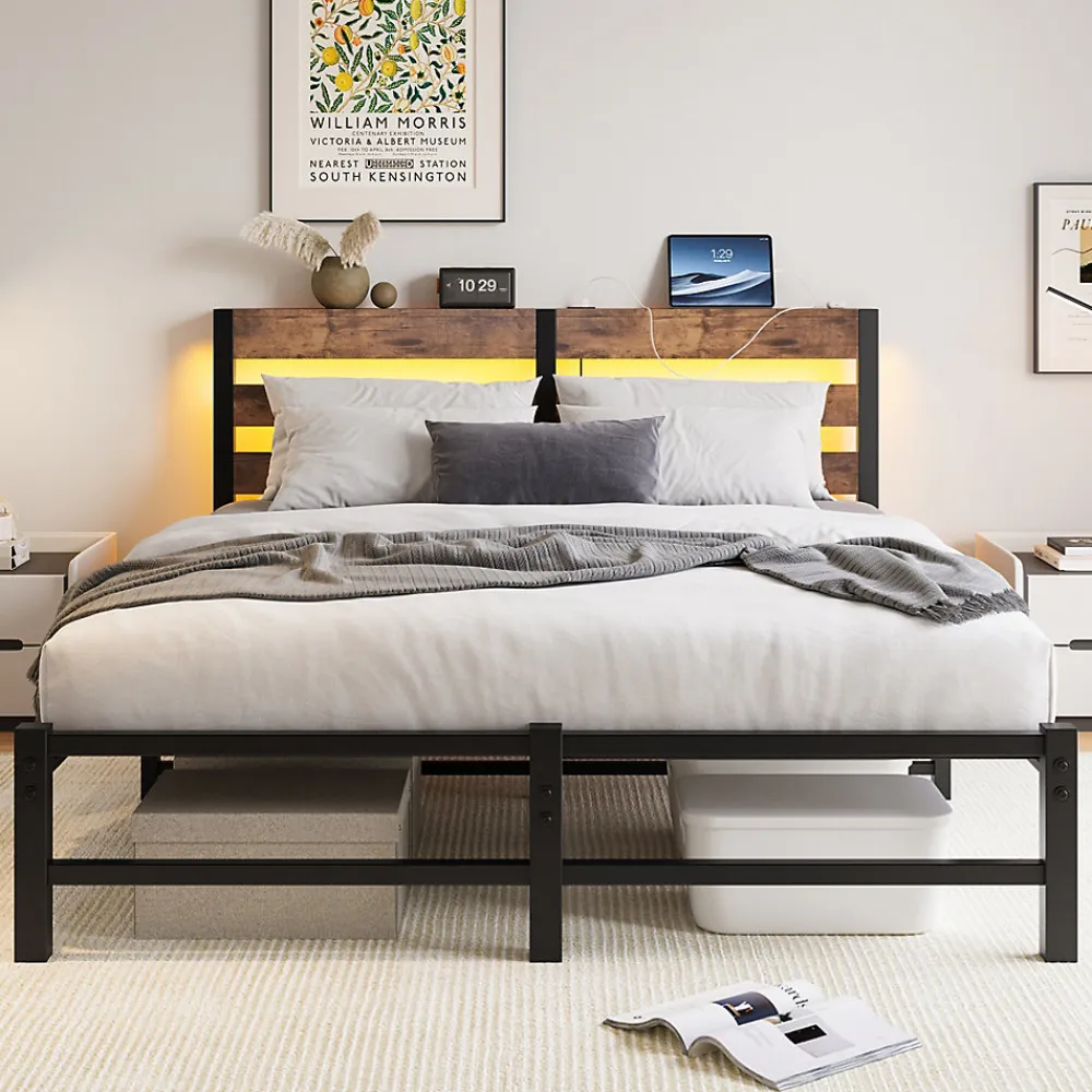 Lit Double 140x200 cm, Lit Métal Ado avec Éclairage LED et Prises USB, Rangement dessous, Sans Matelas, Métal et Bois, Noir, Brun>Okwish Hot