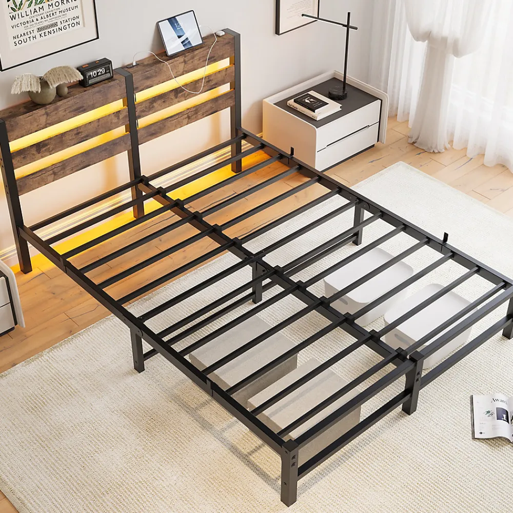 Lit Double 140x200 cm, Lit Métal Ado avec Éclairage LED et Prises USB, Rangement dessous, Sans Matelas, Métal et Bois, Noir, Brun>Okwish Hot