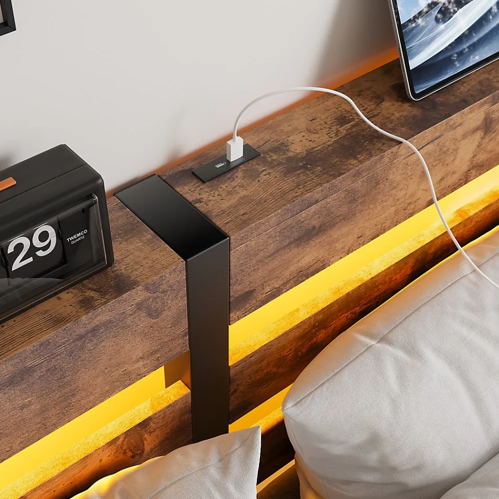 Lit Double 140x200 cm, Lit Métal Ado avec Éclairage LED et Prises USB, Rangement dessous, Sans Matelas, Métal et Bois, Noir, Brun>Okwish Hot
