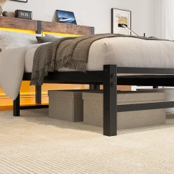Lit Double 140x200 cm, Lit Métal Ado avec Éclairage LED et Prises USB, Rangement dessous, Sans Matelas, Métal et Bois, Noir, Brun><noscript><img width=