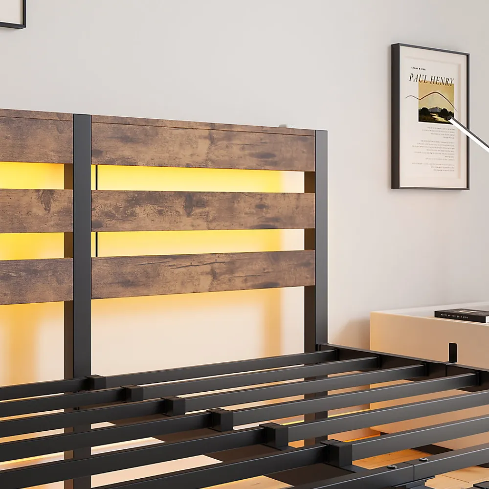 Lit Double 140x200 cm, Lit Métal Ado avec Éclairage LED et Prises USB, Rangement dessous, Sans Matelas, Métal et Bois, Noir, Brun>Okwish Hot