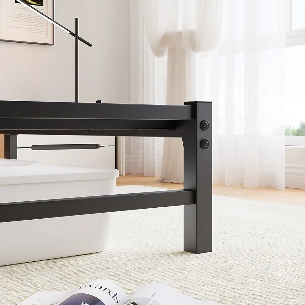 Lit Double 140x200 cm, Lit Métal Ado avec Éclairage LED et Prises USB, Rangement dessous, Sans Matelas, Métal et Bois, Noir, Brun>Okwish Hot