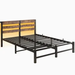 Lit Double 140x200 cm, Lit Métal Ado avec Éclairage LED et Prises USB, Rangement dessous, Sans Matelas, Métal et Bois, Noir, Brun><noscript><img width=