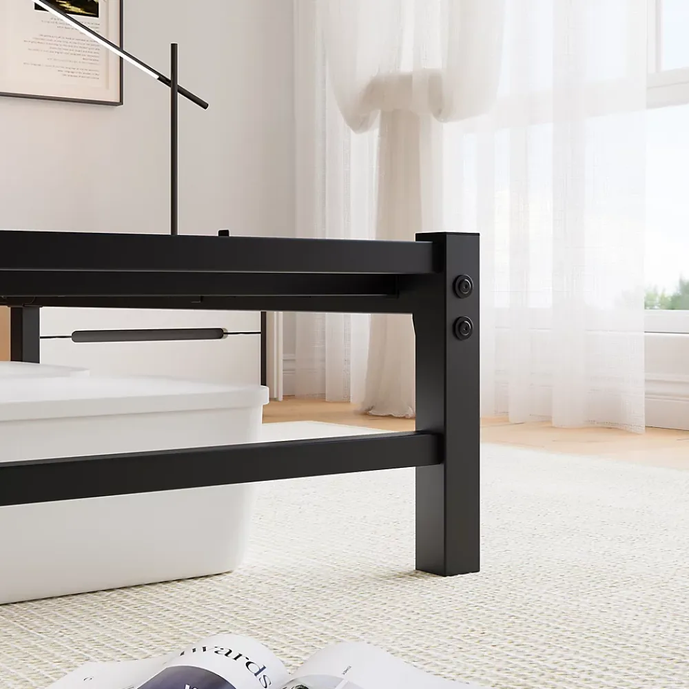 Okwish Lit Double 140x200 cm, Lit Métal Ado avec Éclairage LED et Prises USB, Rangement dessous, Sans Matelas, Métal et Bois, Noir* Lit Double
